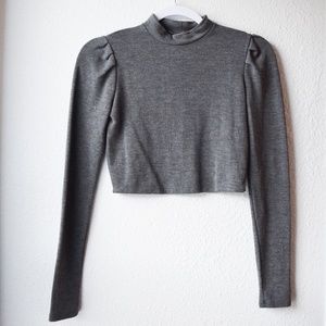 Gray Close-Neck Long Sleeve CLASSY Crop Top